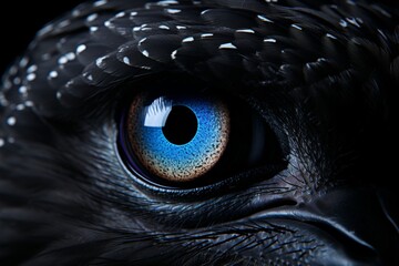 Captivating close-up of a predators eye. Piercing blue iris and golden sclera reflect natures skilled hunters. Transport yourself to the untamed wilderness.