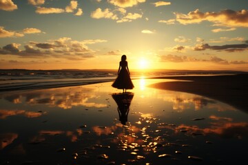 A woman wearing a flowing, elegant dress strolls along the tranquil beach at low tide. The sun sets in a stunning orange sky, casting a warm glow over the serene seascape.