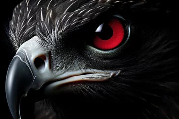 Poster A stunning close-up of a majestic black eagle with red eyes, isolated on a solid black background. The perfect image for a wildlife magazine, book, or website. © Dipsky