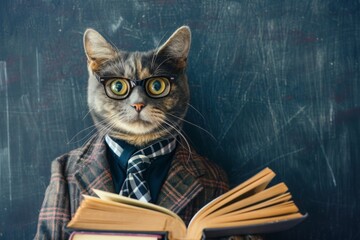 Funny cat professor at school. university. college. with books. in a suit and glasses against the background of the blackboard. Back to School. Knowledge Day. September 1. teacher