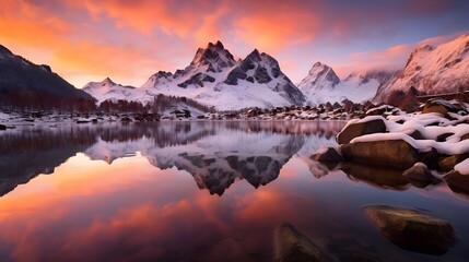Fototapeta na wymiar Panoramic view of snowy mountain peaks reflected in water at sunset
