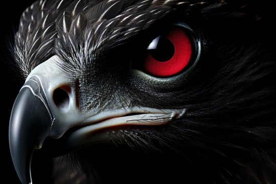 A stunning close-up of a majestic black eagle with red eyes, isolated on a solid black background. The perfect image for a wildlife magazine, book, or website.
