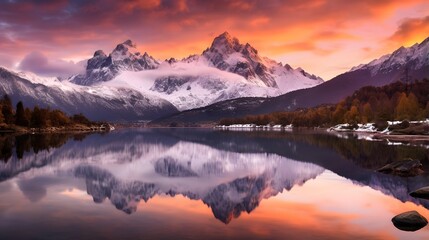 Panoramic view of lake with mountains reflected in water at sunset