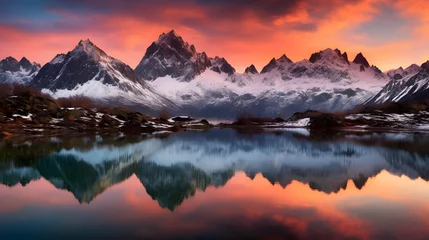 Foto auf Glas Beautiful panoramic view of snow-capped mountains at sunset © Iman
