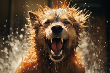 This close-up image captures a wet and joyful golden retriever shaking water off its fur after a refreshing swim in the lake. The isolated dog exudes pure happiness.