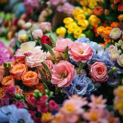 Close up view of a colorful flower display