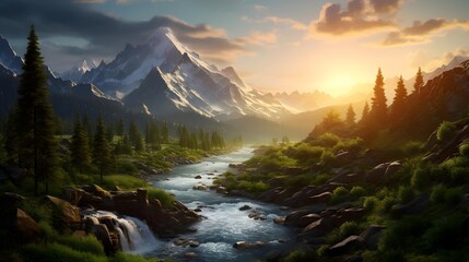 Panoramic view of the mountain river in the mountains at sunset