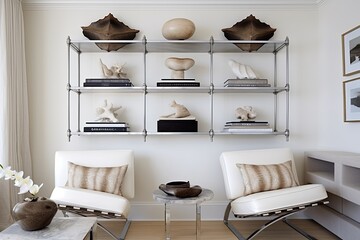 Metal and Leather Coastal Home Seating with White Shelving and Seashell Accents