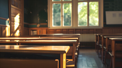 podium school table in empty classroom