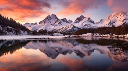Panoramic view of snow covered mountains reflected in lake at sunset