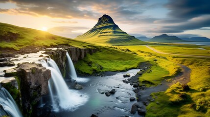Panoramic view of Kirkjufell mountain and waterfall in Iceland