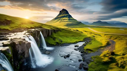 Fotobehang Kirkjufell Panoramic view of Kirkjufell mountain and waterfall in Iceland