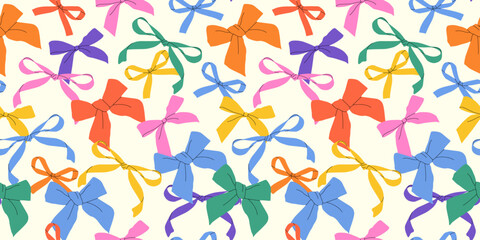 Various colorful contemporary bow knots. Hand-drawn trendy vector illustration. Ribbon. Simple and childish with a bow pattern. Playful and whimsical design. Trendy hair braiding accessory.