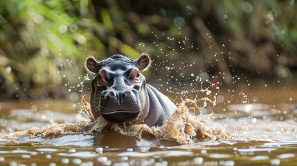 A playful baby hippo splashing in a river - obrazy, fototapety, plakaty