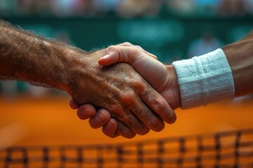 Two tennis players shake hands over the net, front view photography, clay court. Sportmanship - Powered by Adobe