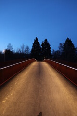 A bridge with a dark road and two trees in the background - 751005016