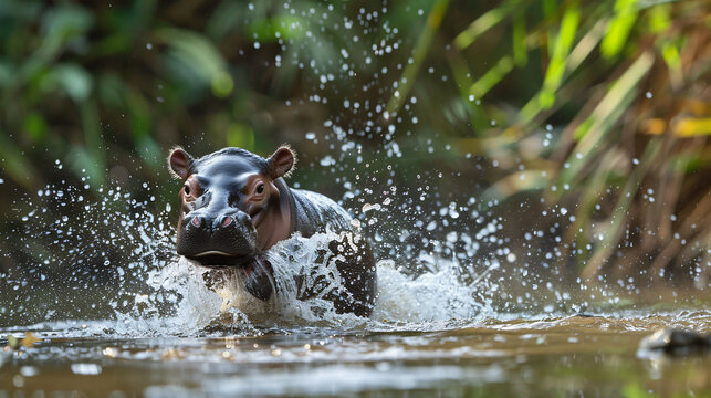 A playful baby hippo splashing in a river
