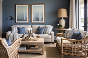 Driftwood Delight: Coastal Living Room with Nautical Color Schemes and Rattan Furniture