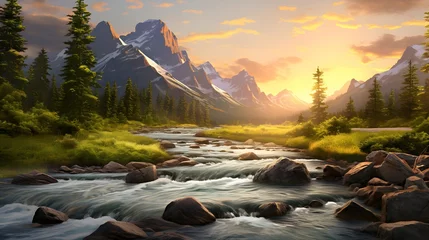 Foto op Canvas Panoramic view of a mountain river in Glacier National Park, Montana © Iman