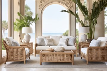 Coastal Living Room: Intricate Tilework Designs, Rattan Furniture, Sunny Window Views