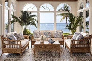 Seaside Charm: Coastal Living Room with Intricate Tilework, Rattan Furniture & Sunny Window Views