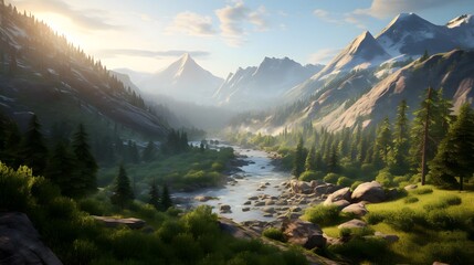 Panoramic view of mountains and river in summer. Nature background