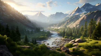 Poster Panoramic view of mountains and river in summer. Nature background © Iman
