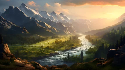 Gardinen Panoramic view of the mountain river at sunset. Nature composition. © Iman