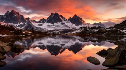 Panoramic view of mountains reflected in a lake at sunrise, Switzerland