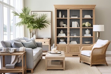 Coastal Living Room: Rattan Accents & Smart Furniture with Built-in Gadgets for Controlling Sounds and Scents