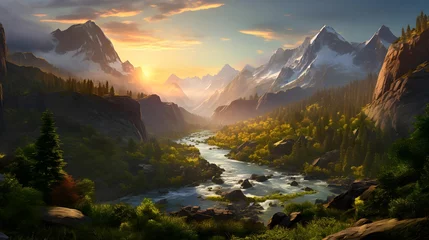 Schilderijen op glas Panoramic view of the mountain river at sunset. Beautiful summer landscape © Iman