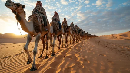 Selbstklebende Fototapeten smiling children riding their camels traveling in the UAE desert in a sunny morning © Salsabila Ariadina