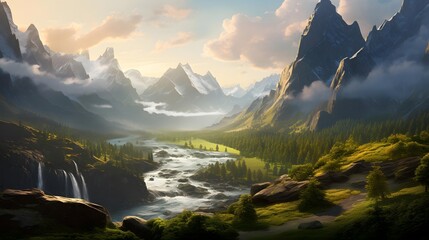 Beautiful panorama of the mountains and the river in the valley