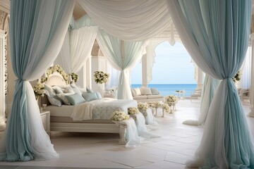 Coastal Mediterranean Room: Fairy-Tale Canopy Beds Draped in Ocean Breeze Light Fabrics - obrazy, fototapety, plakaty