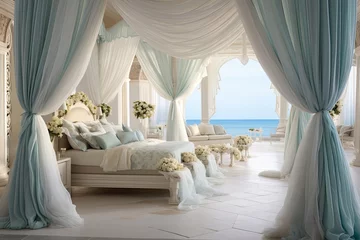 Fotobehang Coastal Mediterranean Room: Fairy-Tale Canopy Beds Draped in Ocean Breeze Light Fabrics © Michael