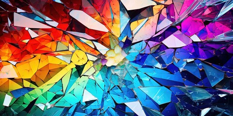 Destructing Beautifully. Shattered glass in colors. Broken glass reflections in rainbow like colors.