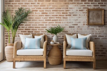 'Coastal Mediterranean Room: Exposed Brick Wall and Rattan Chairs with Light Blue Textiles Harmony'