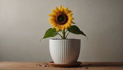 sunflower in a vase.A sunflower is growing in a white pot with brown dirt at its base.