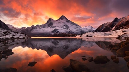 Fototapeta na wymiar Beautiful panorama of snowy mountains at sunset with reflection in water