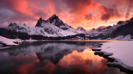 Fototapeta na wymiar Panoramic view of snow covered mountain peaks reflected in lake at sunset