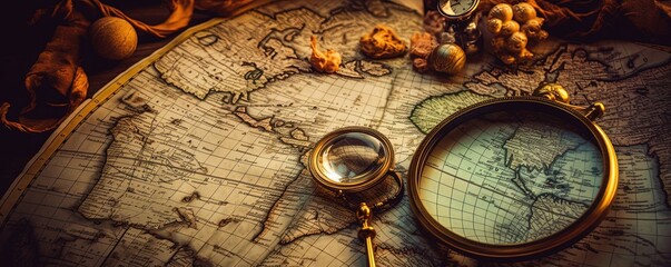 Vintage magnifying glass lies on an ancient world map