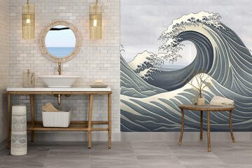 Wave-Patterned Coastal Retreat: Winter Landscape Artwork with Bamboo and Stone Fixtures