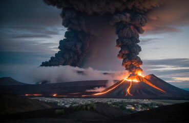 Volcano eruption, apocalyptic background. - obrazy, fototapety, plakaty