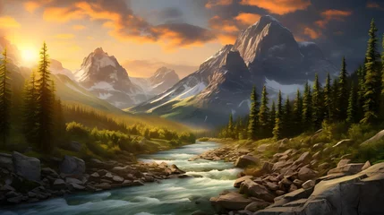 Panorama of a mountain river at sunset. Beautiful summer landscape. © Iman