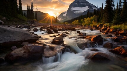 Mountain river in Glacier National Park at sunset, Montana, USA