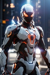 Cyborg superhero in orange white suit