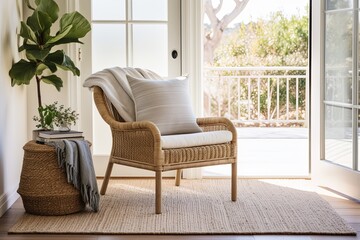 Fototapeta premium Coastal Chic: Earth-Toned Textiles, Rattan Chair, and Sunny Window Corner in a Stylish Home