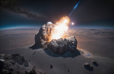 Uderzenie asteroidy w kosmosie.