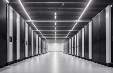 Fototapeta na wymiar Nowoczesna serwerownia, pomieszczenie technologiczne komputerów.