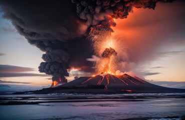 Wybuch wulkanu, gorąca lawa, tło zagłady. - obrazy, fototapety, plakaty